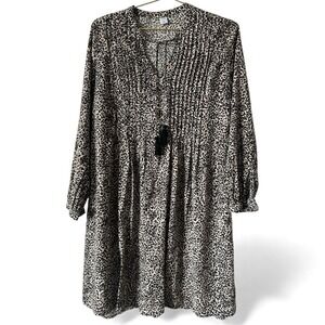 Boho Tassel Tie Cheetah Pleated Swing Flare Cheetah Dress Women's Size XS Casual